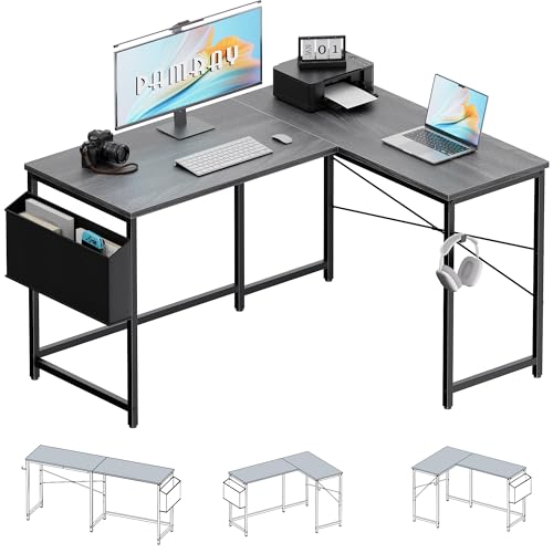 Image of Pamray 47 Inch Reversible L Shaped Gaming Desk Corner Computer Desk with Storage Bag Home Office Table for Writing Study Grey