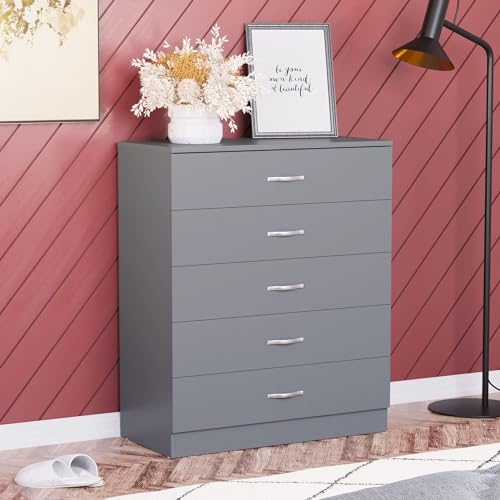 Image of 5-Drawer Gray Dresser with Metal Handles and Slides, Unique Anti-Sag Drawer Support, Bedroom Storage Unit