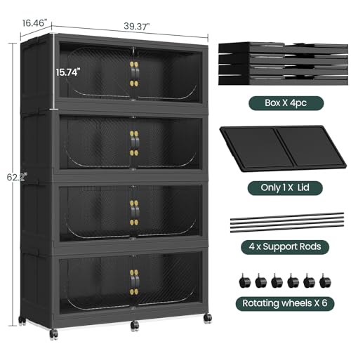 1280QT Extra Large Stackable Storage Bins with Lid & Wheels & Doors,320Gal Foldable Collapsible Closet Organizers, Plastic Cabinet Box Container Drawer for Home Kitchen Bedroom, 4Pack Black - Image 3