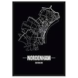 JUNIWORDS Stadtplan Nordenham (Schrift B) in der Größe 40 x 60 cm auf schwarzem Hintergrund mit schwarzem Rahmen.