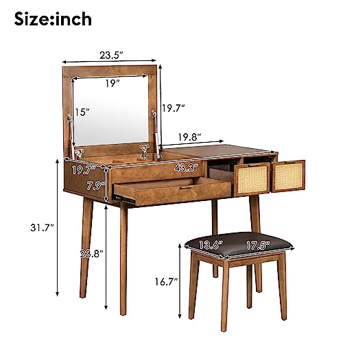 Image of Vanity Table Set with Flip-top Mirror and Cushioned Stool, 43.3 inch Classic Wood Makeup Vanity Set, Dressing Table with 3 Woven Rattan Drawers and Storage Space for Bedroom (Brown with Flip-top Mirror)