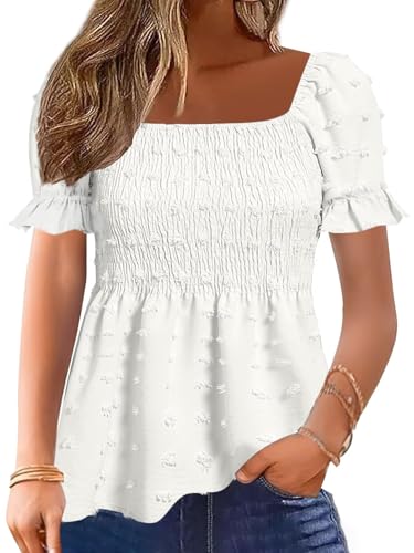 Flamingals Women's Peplum Tops Short Ruffle Sleeve Square Neck Smocked Flowy Blouse