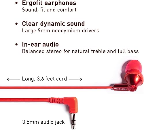 Image of Panasonic Ergofit in-Ear Earbud Headphones Metallic Red (RP-HJE120-RA)