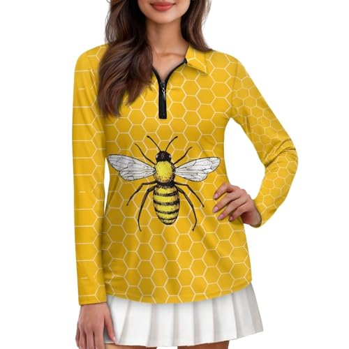 Suobstales Women's Long Sleeve Golf Polo Shirts Zip Up Pullover Dry Fit Workout Tops Athletic Tennis Shirt Plus Size XS-2XL, Bee Honeycomb, L