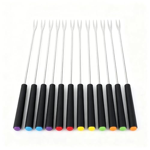 Lot de 12 fourchettes à fondue en acier inoxydable avec manche en plastique - 24 cm de long - Pour fondue au fromage, fondue au chocolat, grillade de...