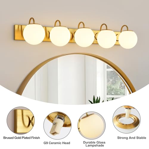 Image of Vintage Brushed Gold Bathroom Vanity Light Fixtures Over Mirror 5 Lights