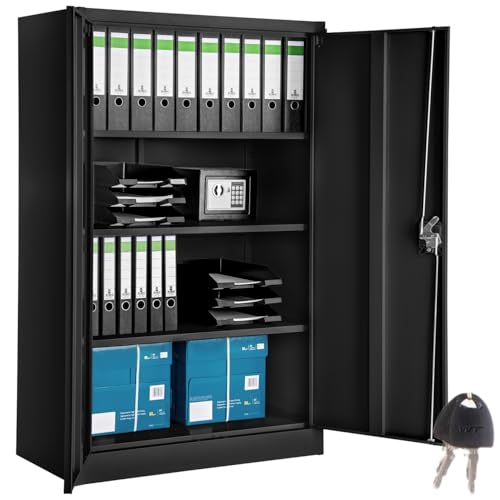 tectake® Armario Archivador, Cierre De Seguridad, 4 Alturas, Cajones Ajustables, Mueble Oficina, Acero, Puertas Reforzadas, Limpieza Sencilla, Candado De Seguridad   140x40x90cm Negro