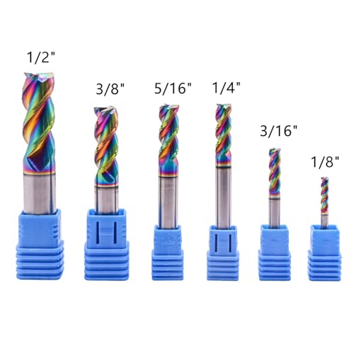 Image of 6Pcs 3 Flute 1 /8 inch-1 /2 inch Solid Carbide End Mill Set for Aluminum, DLC Coated | 1 /8 inch, 3 /16 inch, 1 /4 inch, 5 /16 inch, 3 /8 inch, 1 /2 inch, 45 Degree Helix, End Mill Bit Set, for Milling Aluminum and Copper