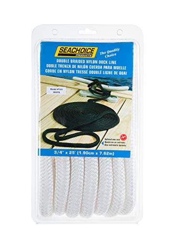 Seachoice Double-Braid Nylon Dock Line W/Eye Splice, Pre-Shrunk, Heat Stabilized, 3/4 In. X 25 Ft, White #TOP3