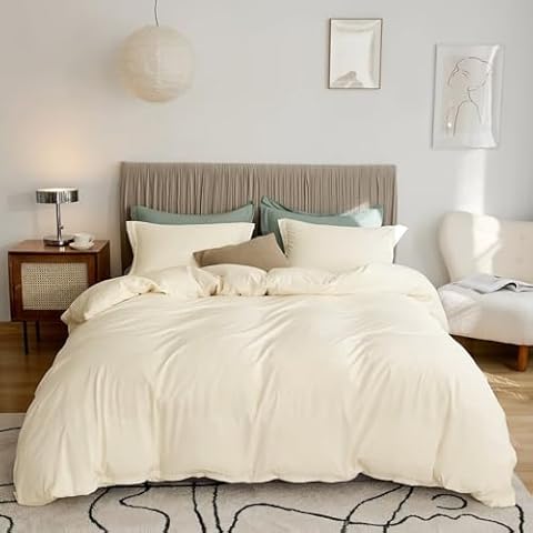 VClife Modern Cream Ivory Duvet Cover Twin Size Comforter Cover Sets Soft Breathable Washed Microfiber Bedding Duvet Cover Sets 3 Pieces Simple Solid Bedding Duvet Cover with Zipper Closure 68" x 86" Cover