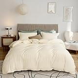 VClife Modern Cream Ivory Duvet Cover Queen Comforter Cover Sets Soft Breathable Washed Microfiber Bedding Duvet Cover Sets 3 Pieces Simple Solid Bedding Duvet Cover with Zipper Closure 90' x 90'