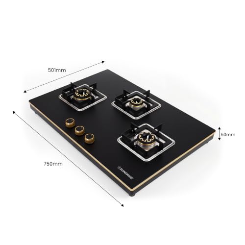 Image of Sunshine Shine Gold 3 Burner Gas Stove | Premium Glass Hob Top Cooktop | Auto Ignition | 10D Brass Burners | LPG & PNG Compatible | Golden Finish | 10 Year Glass & Burner Warranty | Black