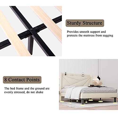 Ipormis Full Size Upholstered Platform Bed Frame With Type C & Usb Ports And Storage Headboard, Geometric Bed Frame With Wingback, Wood Slats, Noise-Free, No Box Spring Needed, Beige #TOP7