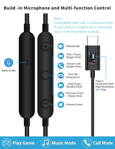 USB C Headphone for Samsung S25 FE S24 A16 A17 Wired Earbuds Magnetic in-Ear Type C Earphone with Microphone Volume Control Bass Stereo Noise Canceling for iPhone 17 Pro Max Air 16 16e 15 Pixel 10 9a