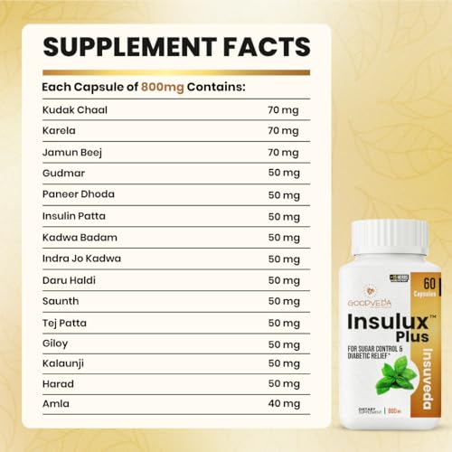 Image of Insulux Plus Blood Sugar Support Capsules | Helps Support Glucose Balance with Gymnema, Karela & Jamun | 100% Ayurvedic Herbal Supplement with 12 Plant Based Ingredients | Metabolism & Energy Support | 60 Capsules (Pack of 2)