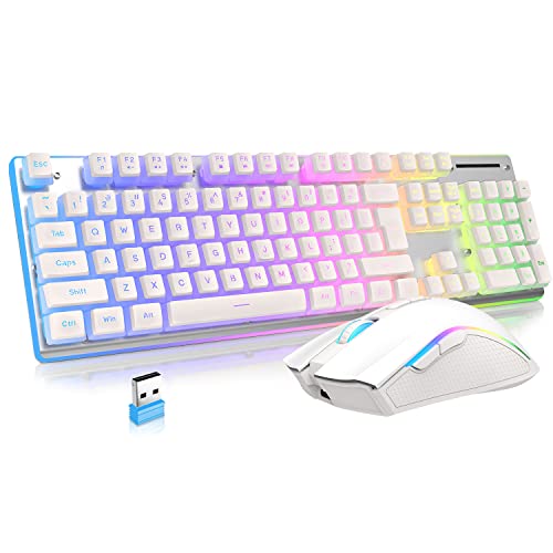 Felicon L96 Wireless Keyboard Mouse Combo, 3650Mah Rechargeable Rgb Full Size Keyboard With Pudding Keycaps, Ergonomic Mechanical Feel 4800 Dpi Rainbow Led Mute Mouse 2.4G Usb For Pc/Mac(White) #TOP7