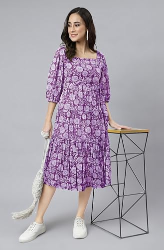 Image of Janasya Women's Cotton Floral Print Flared Dress