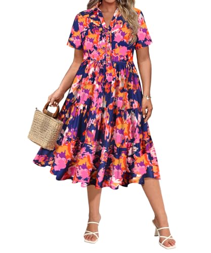 CARCOS Plus Size Dresses for Curvy Women Collared Vneck Short Sleeve Dresses Midi Summer Ruffle Dress with Pocket XL-5XL