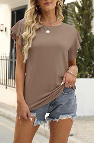 Mirol Women's Ruffle Sleeve Tops Summer Casual Blouse Crew Neck Solid Cute Tunic Shirt Khaki #TOP2