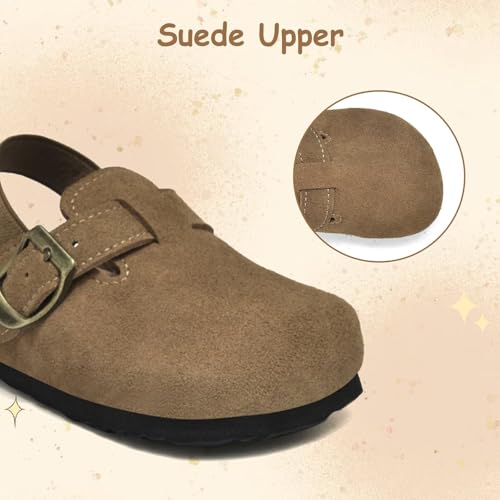 Image of Kids Suede Clogs Boys Girls Mules Cork Genuine Leather Sandals with Adjustable Buckle Slippers Potato Shoe Indoor Outdoor Slip On Slide for Big Kids