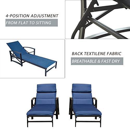 Festival Depot 2 Pieces Patio Outdoor Chaise Lounge Recliner Chairs With Cushions Set Premium Fabric Metal Frame Furniture Garden Bistro Soft Headrests (Blue) #TOP4
