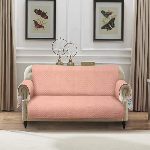 Image of Amazon Basics Printed Quilted Reversible Sofa Topper | 2 Seater | Dual-Tone Design | 120Cm X 175Cm | 325 GSM | Color - Green-Pink, Polyester Blend