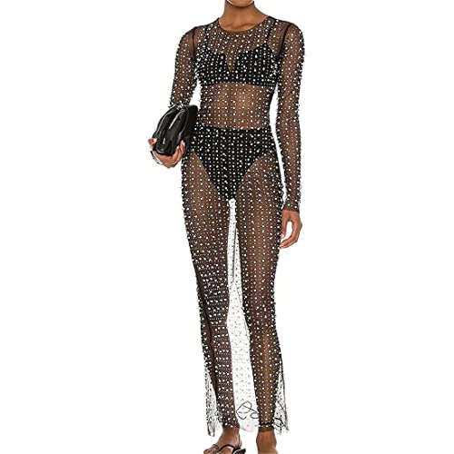 LOFAAC Women Sexy Pearl Rhinestone See Through Cover Up Dress Sheer Mesh Swimwear Bikini Beach Bathing Suit Coverups