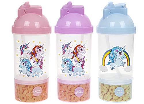 HomestreetUK Unicorn Water Bottle and Snack Compartment, Non Spill with Flip Straw Rainbows and Stars in Pink, Purple or Blue