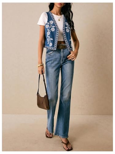 Women's Floral Embroidered Denim Vest Open Front Vintage Western Vest Sleeveless Jean Jacket Waistcoat4