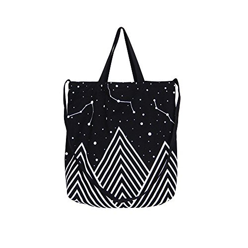 Caixia Mountain Star Print Canvas Tote Convertible Shoulder Bag Black, Medium
