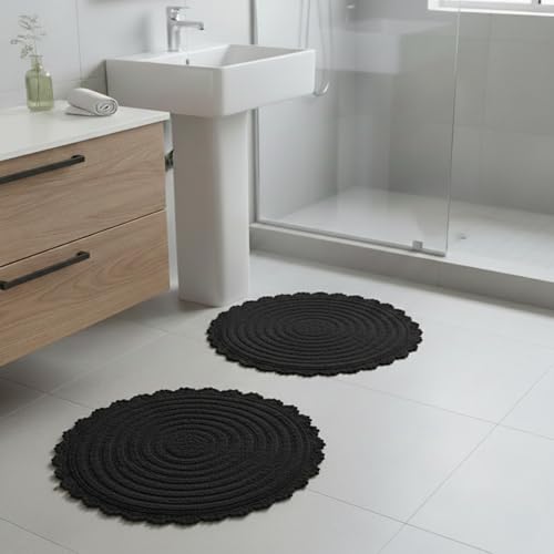 Bathroom Rugs - 2-Piece Woven 1560GSM Cotton Bath Mat Set for Boho Decor - Non Slip Round Rugs for Shower Tub Toilet or Vanity - Machine Washable Bath Mats by Lavish Home (Black)