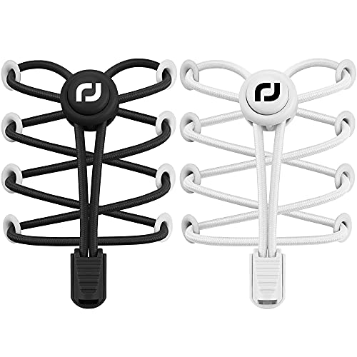 RJ-Sport 2 Pairs of Elastic Shoelaces with Quick Release Laces Quick Lacing System for Unique Comfort and Strong Hold (Black + White)