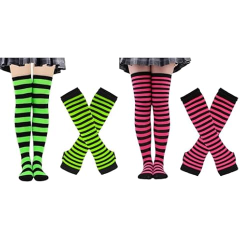 ZXOLDZX 4 Pairs Women's Striped Arm Warmer Long Striped Socks Knit Fingerless Gloves Set Winter Costume (2 Sets Pink+Neon Green) Cover