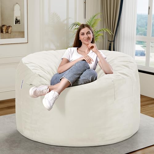 HABUTWAY Bean Bag Chair 3Ft Luxurious Velvet Ultra Soft Fur with High Rebound Memory Foam Bean Bag Chairs for Adults Plush Lazy Sofa with Fluffy Sponge 3' (Beige)