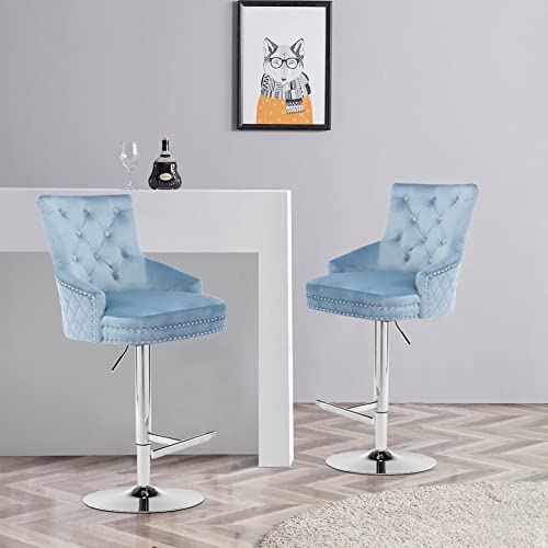 Foredo Velvet Swivel Bar Stools Set Of 2, Upholstered Bar Stool With Button Tufted Back And Pull Ring, Height Adjustable Swivel Barstools, Light Blue #TOP4