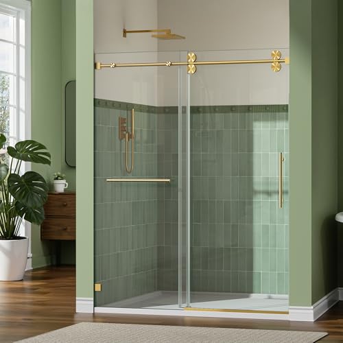 3/8" (10mm) Thick SGCC Tempered Glass Shower Door, 57-61" W x 79" H Frameless Shower Door with Stainless Steel Hardware,Quiet Soft-Close Sliding Shower Door(Brushed Gold)
