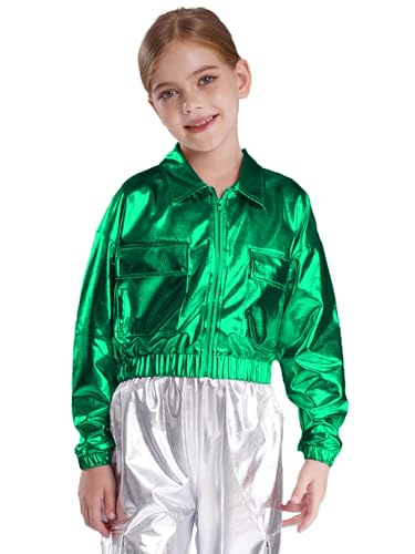 Hularka Kids Girls Boys Shiny Metallic Jacket Long Sleeve Modern Hip Hop Jazz Street Disco Dance Coat Tops Outwear