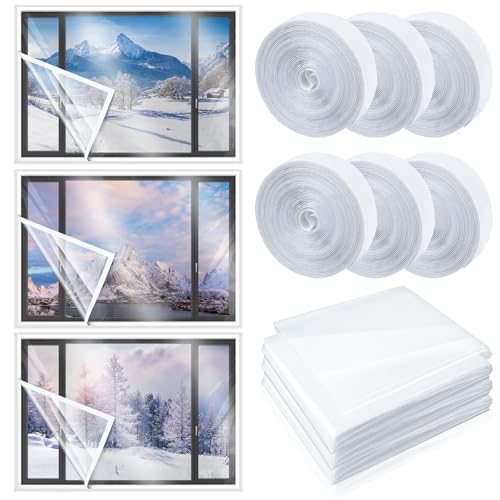 Beeveer 3 Set 75 x 79 Inch Window Insulation Kit Winter Window Plastic for Winterizing Home Cuttable Transparent Film with Adhesive Straps Reusable Thicken Thermal Waterproof Attic Cover Warm by Beeveer - Used condition - US$22.88