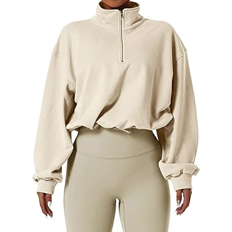GXIN Women's Workout Top Half Zip Crop Sweatshirt High Neck Long Sleeve Pullover Outdoor Sport Cropped Tops (as8, alpha, l, regular, regular, Standard, Apricot) Cover