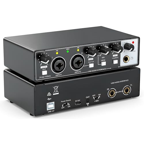 USB Audio Interface for PC Recording, 24-bit/192kHz Computer Audio Interface for Recording Music, 48V Phantom Power Music Recording Studio Equipment, for Home Studio Guitar Podcast Streaming