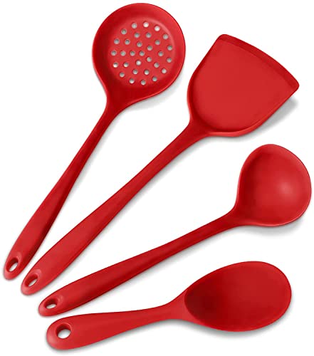 Image of Silicone 4-Piece Cooking Utensils Set - BPA-Free Cooking Spatulas - Soup Ladle, Rice Spoon, Turner Spatula, Skimmer (Red)