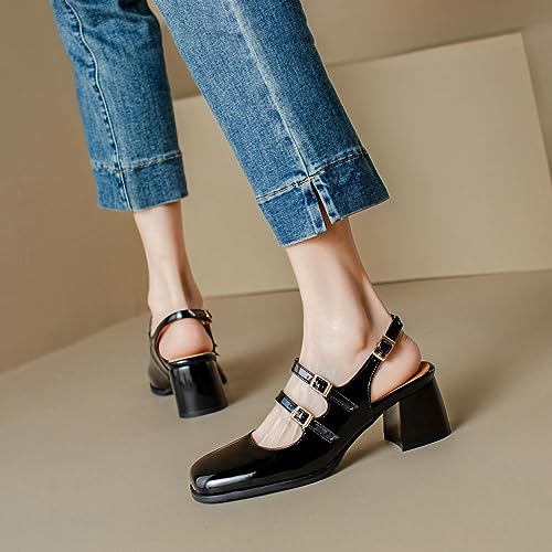 DINTAHA Goth Mary Jane Shoes Square Toe Slingback Heels Strappy Patent Leather Pumps4