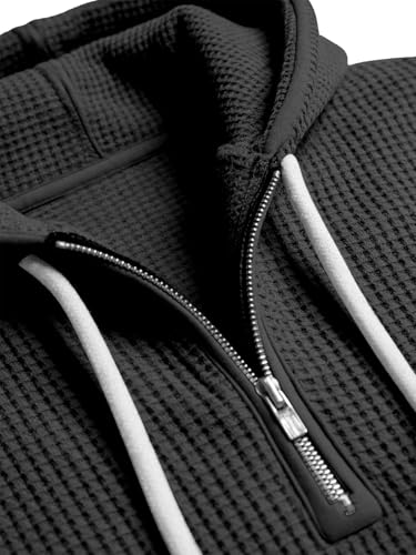 Pillxter Men's Quarter Zip Hoodie Waffle Knit Hooded Sweatshirt Loose Fit Casual Long Sleeve Pullover with Pockets,Black