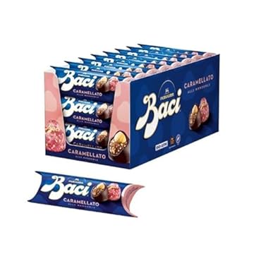 Baci Perugina Caramellato alle Mandorle Espositore da 21 Tubi x 37,5 gr (787,5g) Cioccolatini Senza Glutine Con Morbido Cuore al Gianduia con Granella di Mandorle Caramellate