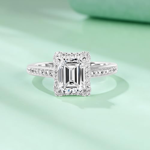 TIKJE Emerald Cut Cubic Zirconia Engagement Ring for Women Halo Design with Pave Fake Diamonds, 18K White Gold Plated, Promise Engagement Wedding Band Gift For Her Size 6-93