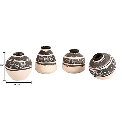 Image of AAKRITI ART CREATIONS Ladder Wall Decor 4 White Handcrafted Warli Pots | Wooden Wall Hanging Shelf Terracotta Vases | Matte Finish Decorative Wall Art for Living Room, Entryway & Gifting