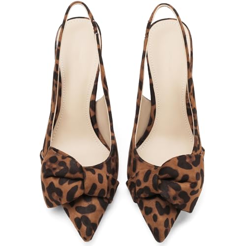 Image of Women's Slingback Heels with Bow Pointed Toe Pumps with Elasticated Strap 3.3 inch High Heels for Evening Dress Shoes