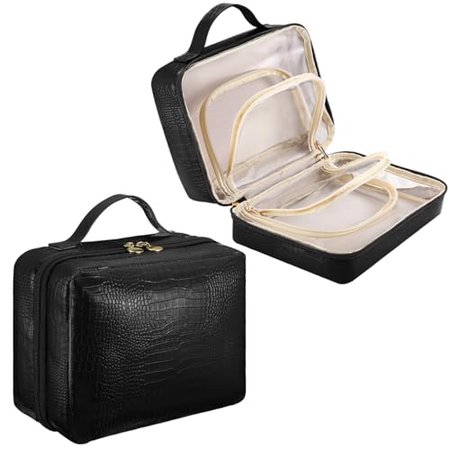 ZQQZAN Travel Makeup Bag - Large Capacity Cosmetic Bag with Makeup Brush Bag, Leather Makeup Travel Case Open Flat Makeup Case, Cute Makeup Organizer Bag for Women Girls, Black