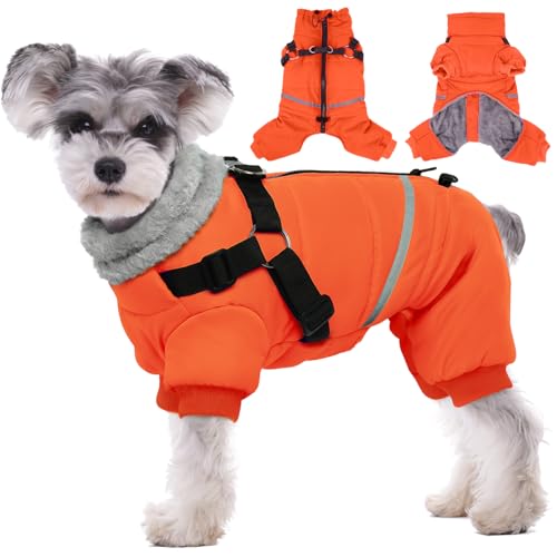 Image of BRKURLEG Small Dog Winter Coat with Harness Built in, Orange Winter Dogs Jackets, Fullbody Dog Coat, Dogs Snowsuits Reflective Windproof Cold Weather Coats, Pet Warm Fleece Coats, XL