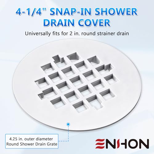 Enhon 2 Pack 4-1/4 Snap in Shower Drain Cover, Round Strainer Drain Grid, Bathroom Shower Grate Cap Replacement for Hair Catcher (White,PVC Plastic)